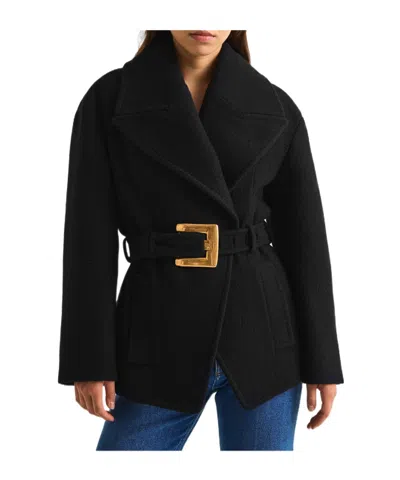 Balmain Short Wool Wrap Coat In Black