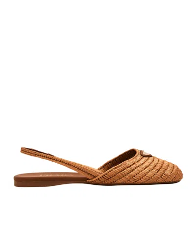 Prada Light Brown Woven Raffia Slingback Flat Shoes In Brown