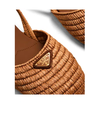 Prada Light Brown Woven Raffia Slingback Flat Shoes In Brown