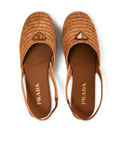 Prada Light Brown Woven Raffia Slingback Flat Shoes In Brown