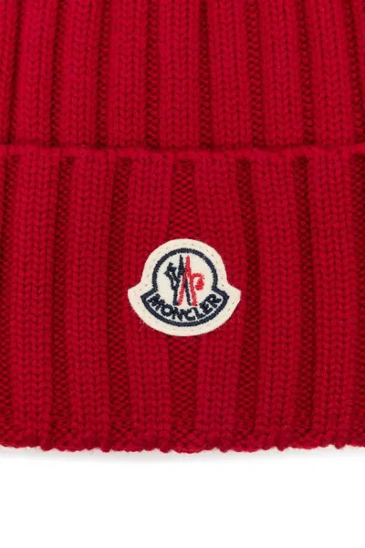 Moncler Cable-knit Wool Beanie With Logo In Burgundy In Red