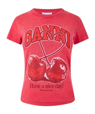 Ganni Red Baby Fit Future Cherry T-shirt In Pink