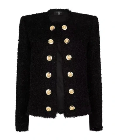 Balmain Two-tone Button Tweed Spencer Jacket In Black