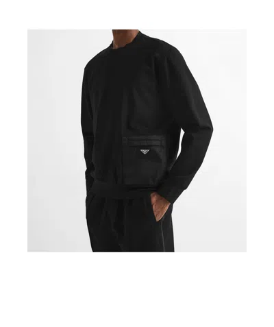Prada Stretch Viscose-polyamide T-shirt Sweatshirt With External Pocket And Calf Leather Detail In Black