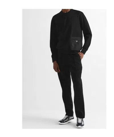 Prada Stretch Viscose-polyamide T-shirt Sweatshirt With External Pocket And Calf Leather Detail In Black