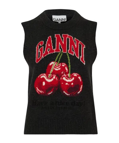 Ganni Sleeveless Intarsia Knit Crew Neck Top In Black