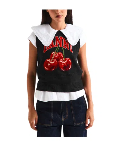 Ganni Sleeveless Intarsia Knit Crew Neck Top In Black