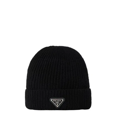 Prada Mens Blue Brand-plaque Cashmere And Wool-blend Beanie Hat In Black