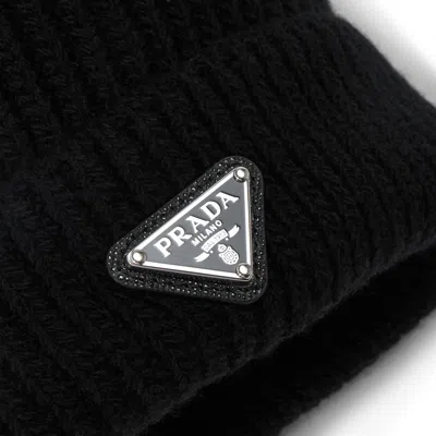 Prada Mens Blue Brand-plaque Cashmere And Wool-blend Beanie Hat In Black