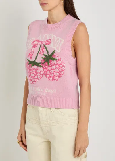 Ganni Cherry Pattern Wool Vest In Pink