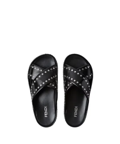 Fendi Black Leather Slides In Black