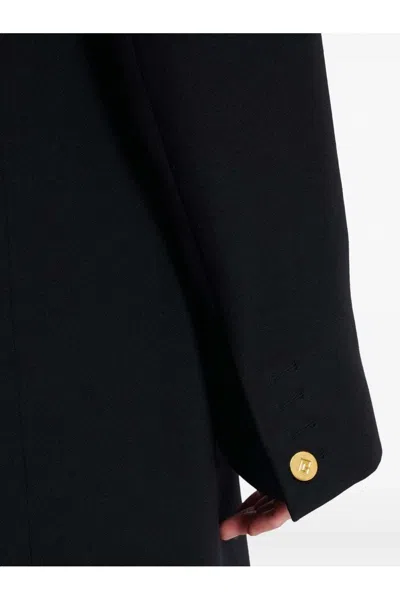 Balmain Long Coat In Grain De Poudre Wool In Black