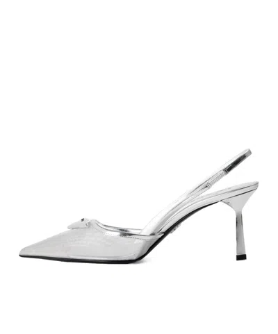 Prada Mesh Fabric Slingback Pumps In Silver