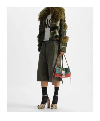 Fendi Green Patchwork Shearling Blouson In Green