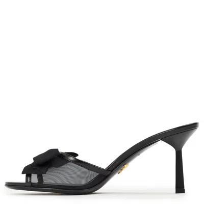 Prada 75mm Logo Bow Mesh Mule Sandals In Black