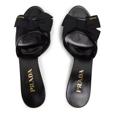 Prada 75mm Logo Bow Mesh Mule Sandals In Black