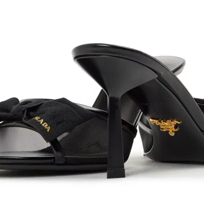 Prada 75mm Logo Bow Mesh Mule Sandals In Black