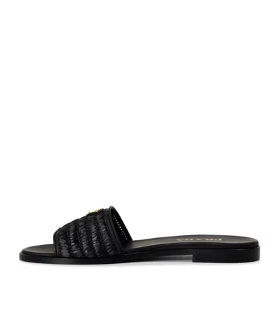 Prada Raffia And Leather Slides In Black