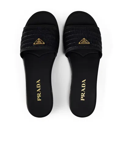 Prada Raffia And Leather Slides In Black