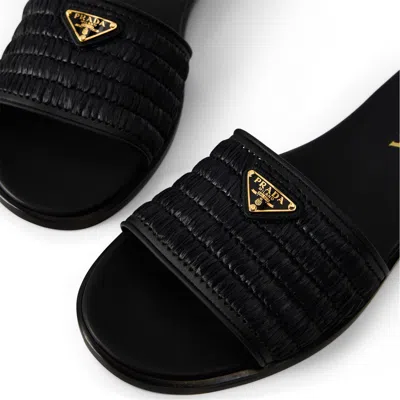 Prada Raffia And Leather Slides In Black