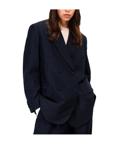 Fendi Women Blue Double-breasted Jacket With Peak Revers And Pinstripe Motif In Wool Blend Woman In Blue