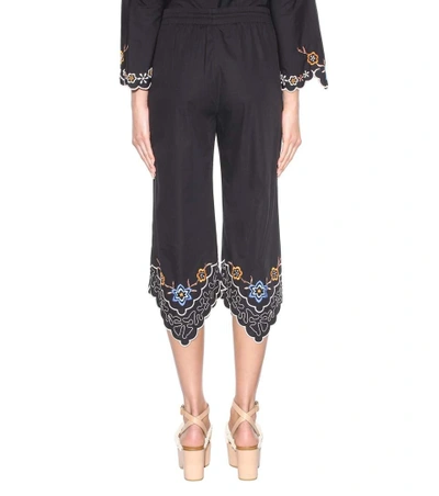 Shop See By Chloé Embroidered Cotton Cropped Trousers In Blue