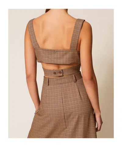 Twinset Plaid-pattern Cropped Blouse In Brown