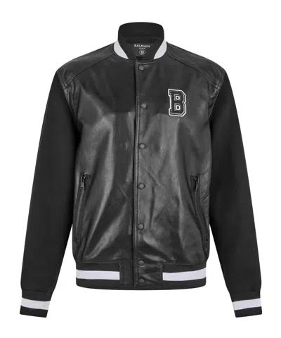 Balmain Varsity Lambskin Leather And Wool Jacket In Black