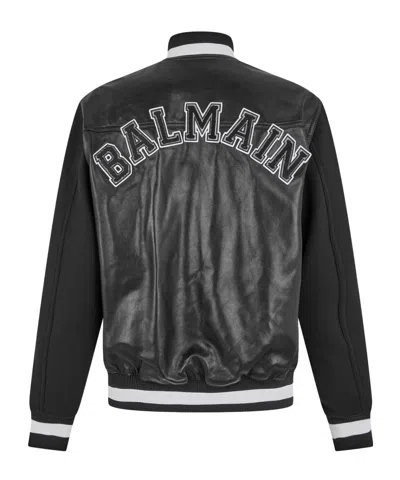 Balmain Varsity Lambskin Leather And Wool Jacket In Black
