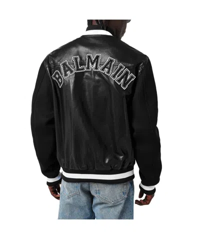 Balmain Varsity Lambskin Leather And Wool Jacket In Black