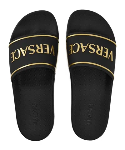 Versace Black Sandals With Logo Printed On The Front In Black