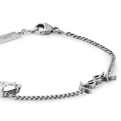 Saint Laurent Adjustable Interlocking Charm Ring With Rhinestones In Silver
