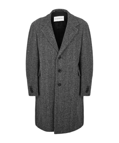 Givenchy Men Wool Blend Coat With Herringbone Motif In Gray