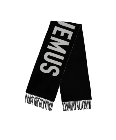 Jacquemus Black Bold White Lettering Twisted Fringe Scarf In Black
