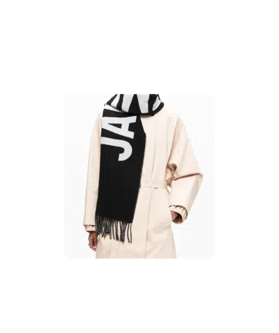 Jacquemus Black Bold White Lettering Twisted Fringe Scarf In Black