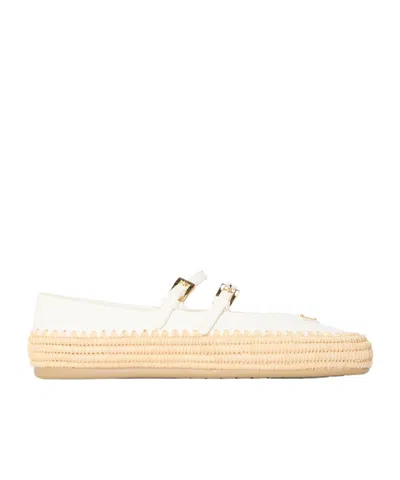 Prada Nappa Leather And Raffia Ballerinas In White