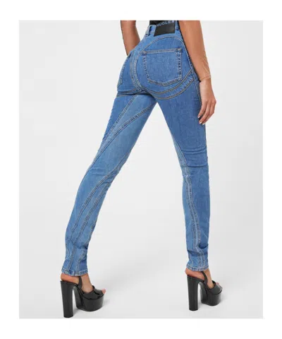 Mugler Embossed Patch Denim Trousers In Blue