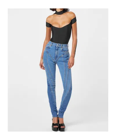 Mugler Embossed Patch Denim Trousers In Blue