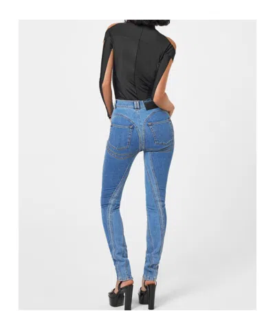 Mugler Embossed Patch Denim Trousers In Blue