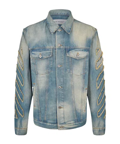 Off-white Raw Patch Distressed Denim Jacket In Blue
