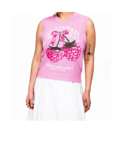 Ganni Cherry Pattern Wool Vest In Pink