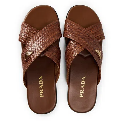Prada Woven Slippers In Brown