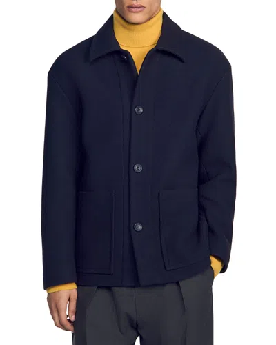 Sandro Blouson Wool Blend Worker Jacket In Blue