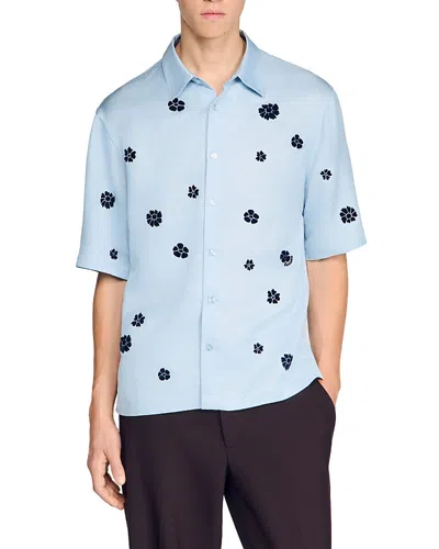 Sandro Flock-print Floral-pattern Shirt In Blue