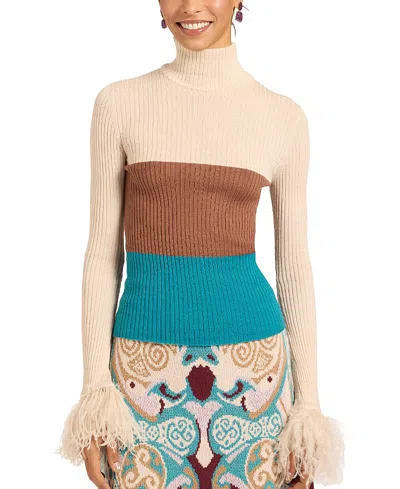La Doublej High Knick Top With Feathers In Block Ecru/tobacco/light Blue Ecru