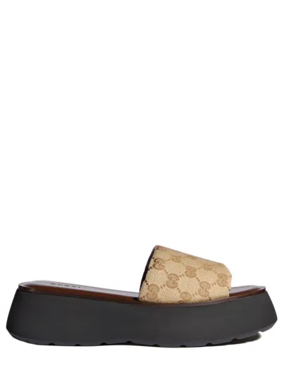 Gucci Platform Slide Sandal Canvas Upper Logo In Brown