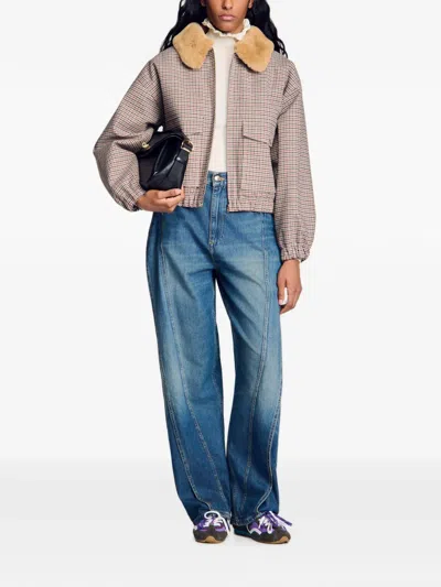 Sandro Checked-pattern Bomber Jacket In Brown