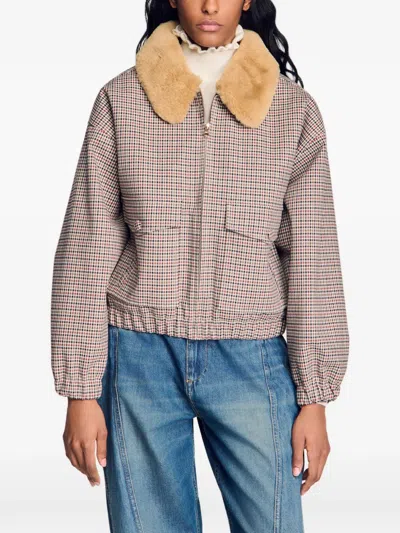 Sandro Checked-pattern Bomber Jacket In Brown