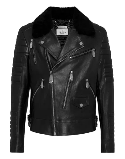 Philipp Plein Leather Biker Jacket With Shearling Collar In Black