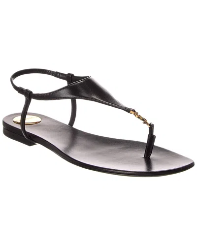 Saint Laurent Smooth Leather Cassandra Triangular Upper Flat Sandals Shoes In Black